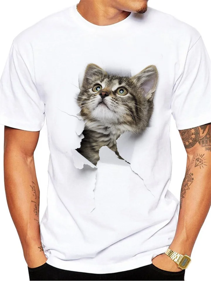 3D Cat Design Printing Men's T-shirt White Short-sleeved