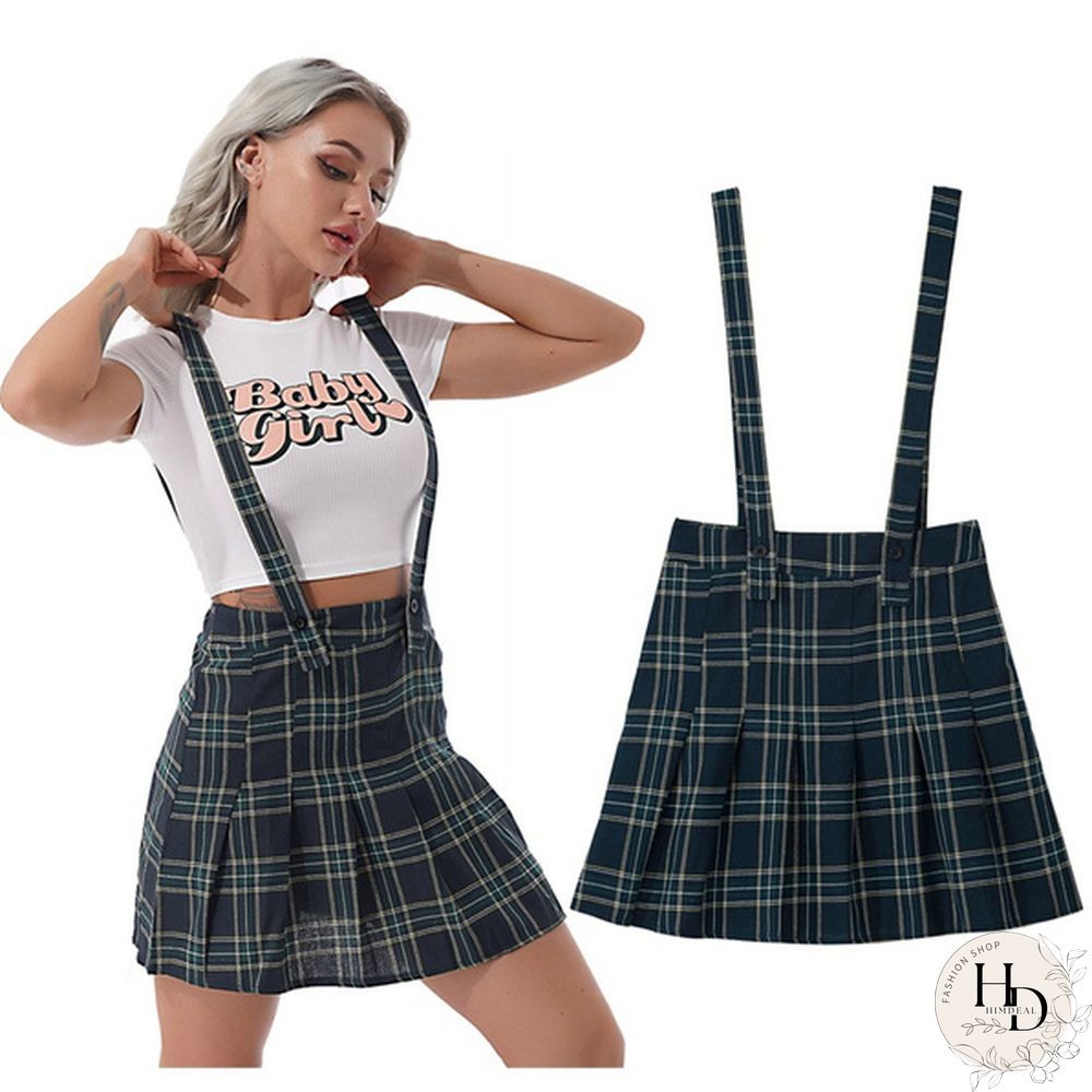 Plaid Pleated Miniskirt Women Summer Sundress Overall Vest Dress Suspender Skirt for Daily Wear Streetwear