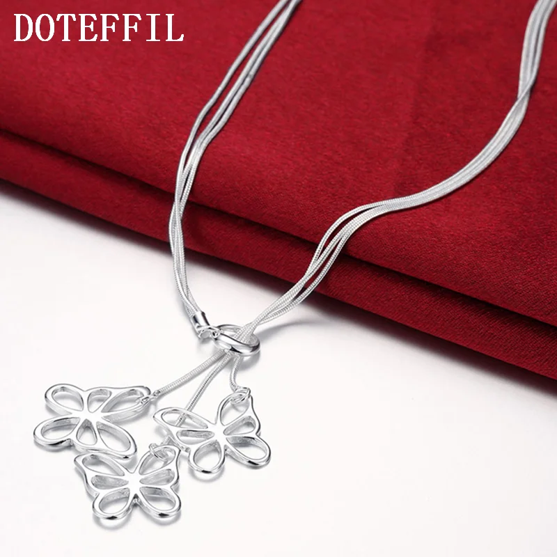 DOTEFFIL 925 Sterling Silver Three Butterfly Snake Chain Pendant Necklace For Women Jewelry