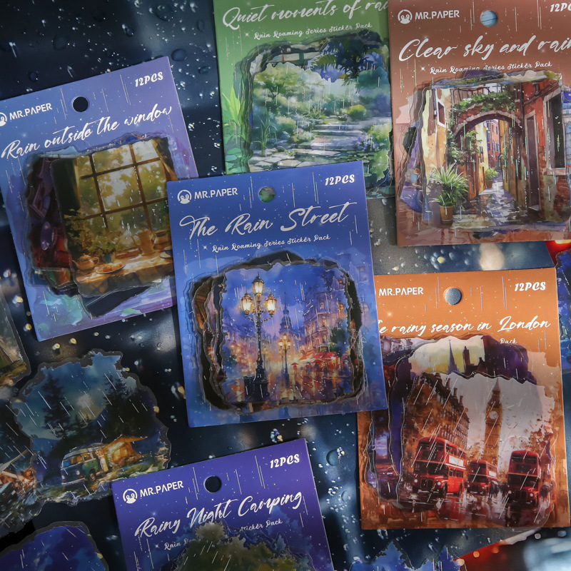 PET 스티커 - 비 속의 산책 시리즈 빈티지 숲 성 창문 풍경