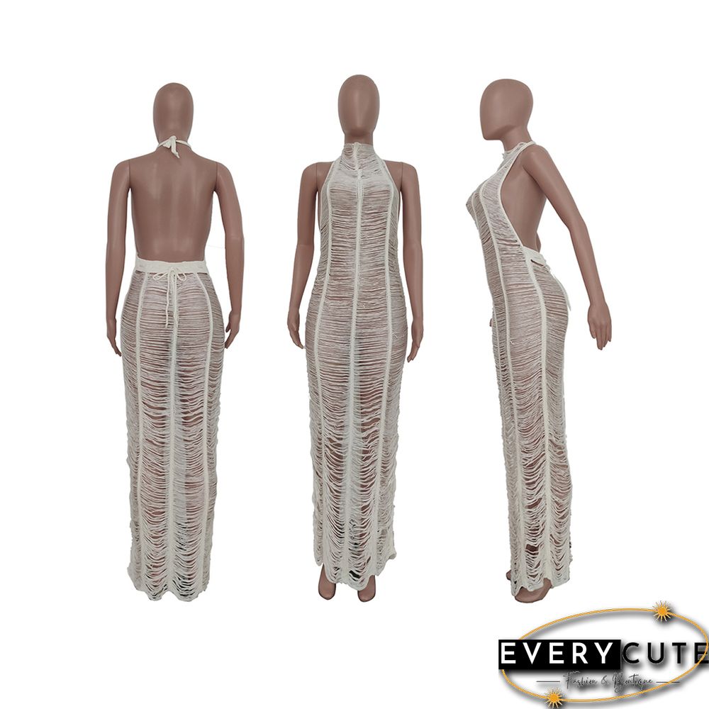 White Hollow Out Halter Backless Beach Maxi Skirt