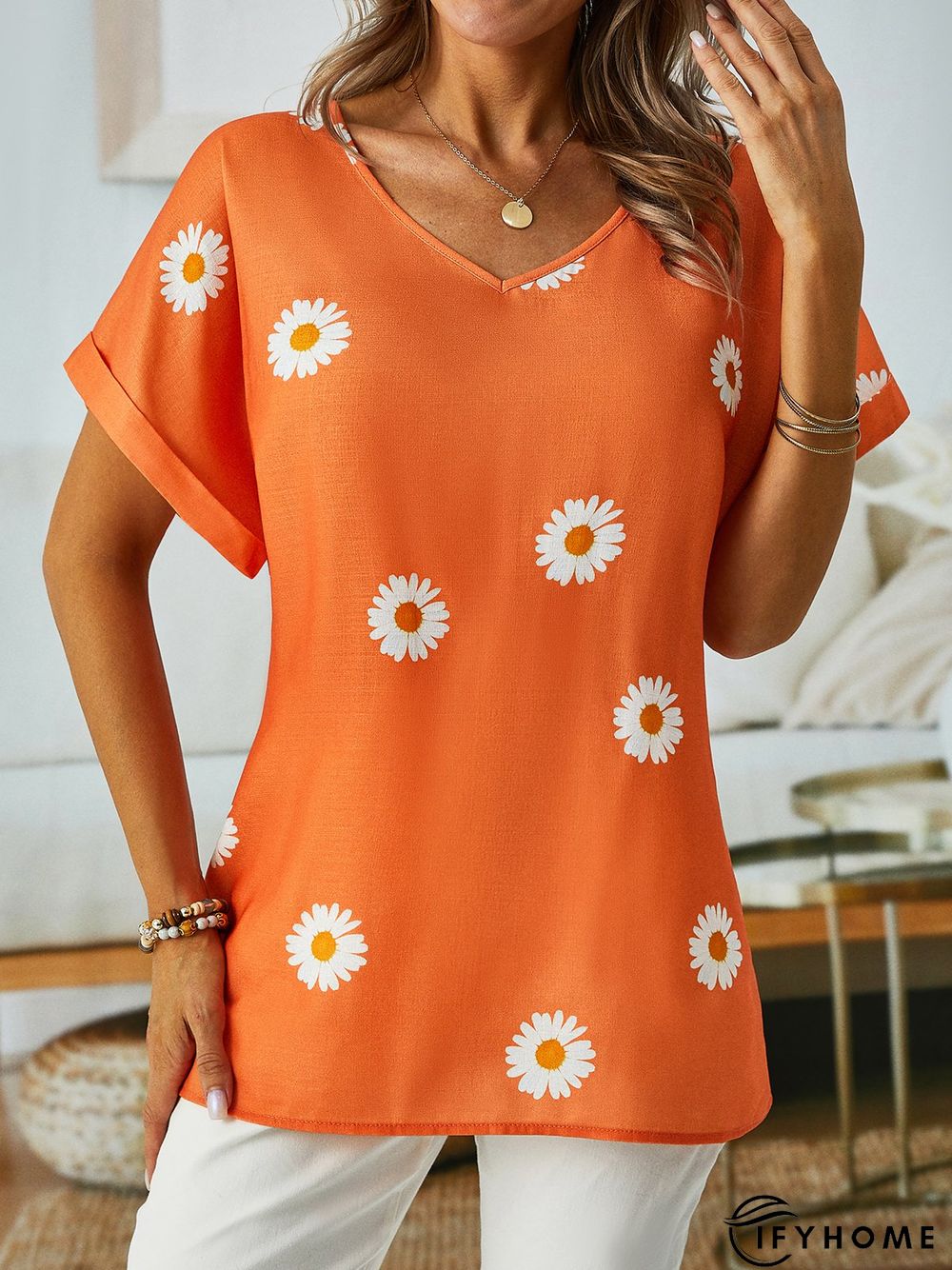 Casual Daisy V neck Cotton Loose Short Sleeve Tunic Top | IFYHOME