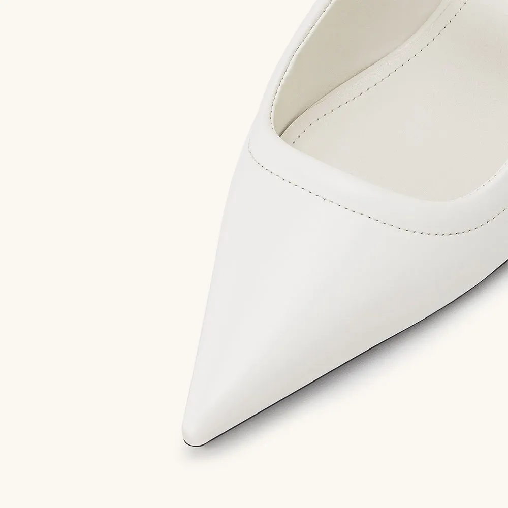 Fashion White Pointed Toe Metal Strap Mule Shoes with Cylinder Heel