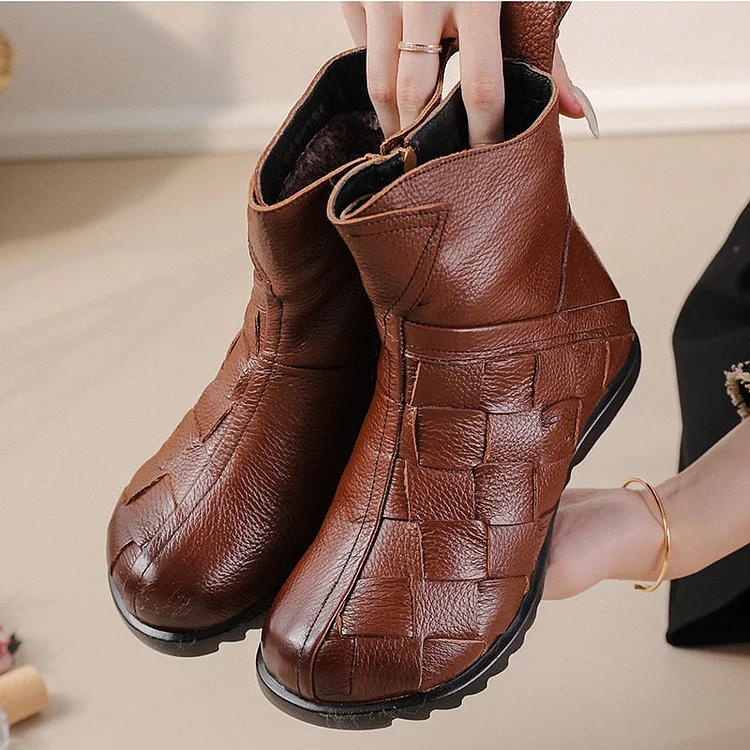 Genuine Leather Woven Ankle Boots Women's Winter Fur Shoes Big Size Plush Booties QueenFunky