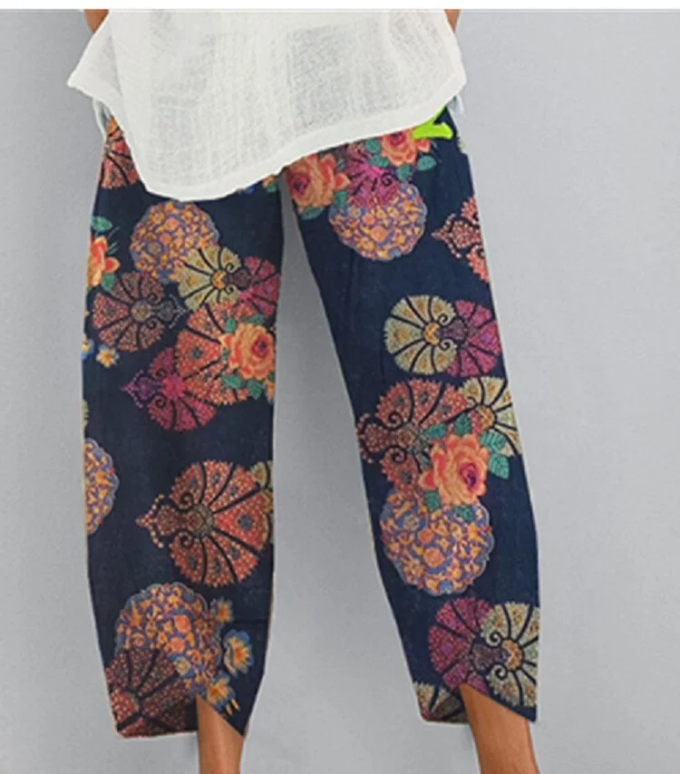 Women Flowers Printed Holiday Cotton Pants