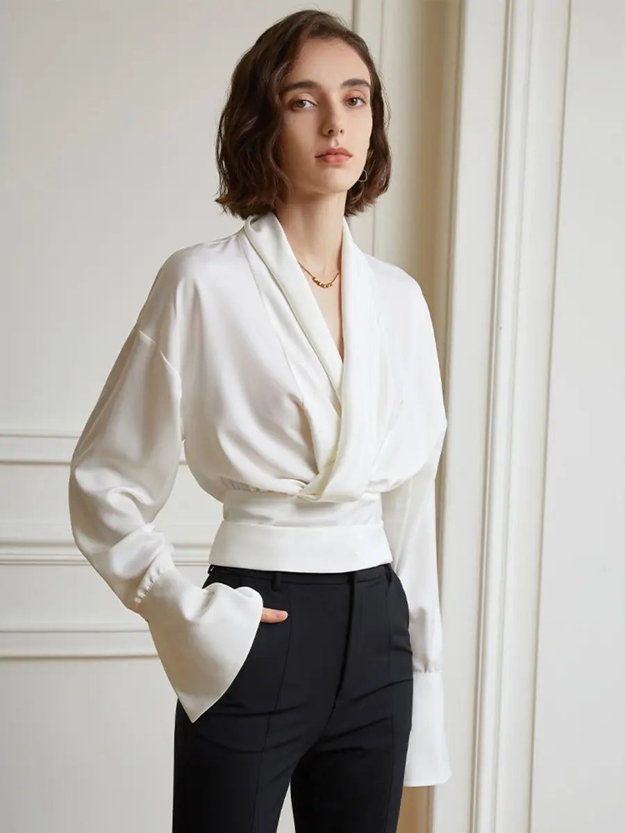 Waist Shaping V Neck Flounce Sleeve  Blouses