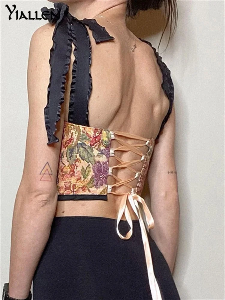 Yiallen Summer Women Fashion Print Bow Bandage Cute Sweet Vintage Camisole New Slim Stretch Sexy College Style Cropped Top Hot