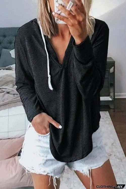 V Neck Long Sleeve Hoodie