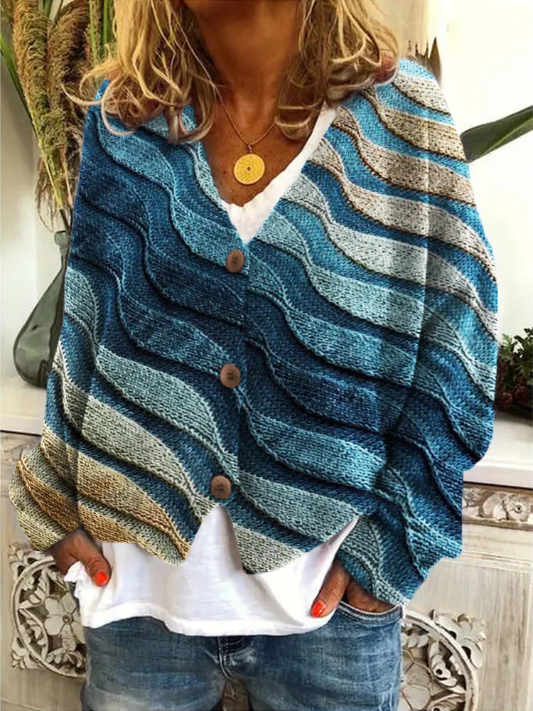 Beach Sea Waves Inspired Knit Art Cozy Cardigan