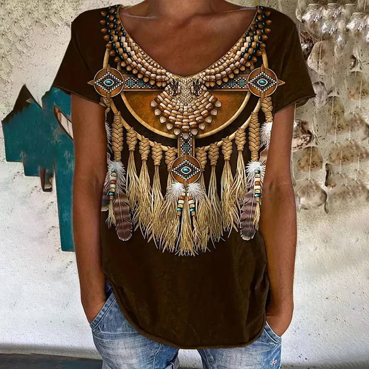 Western Retro Casual Tribal Print T-shirt