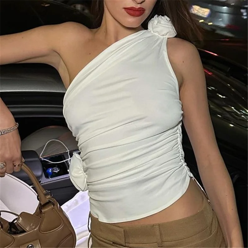 Uveng Uveng 2023 New Sexy Hot Girl Inclined Shoulder Pleated Draw Rope Closed Waist Slim Vest