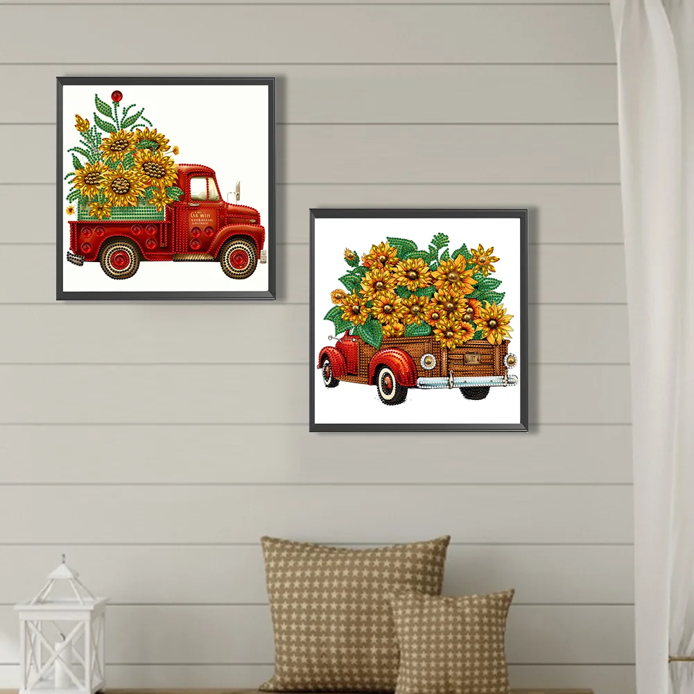 2pcs Special Shape Diamond Painting 30*30cm - Summer Sunflower Classic Car