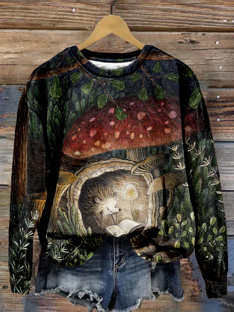 🔥kukelife🔥Hedgehog Reading Art Graphic Comfy Sweatshirt