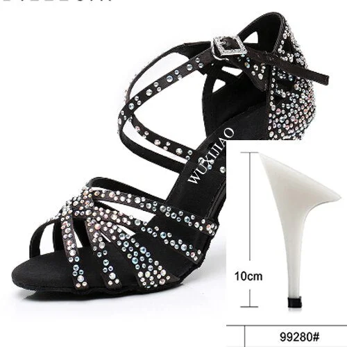 Women Party Dance Shoes  Satin Shining rhinestones Soft Bottom Latin Dance Shoes Woman Salsa Dance Shoes heel5CM-10CM QueenFunky