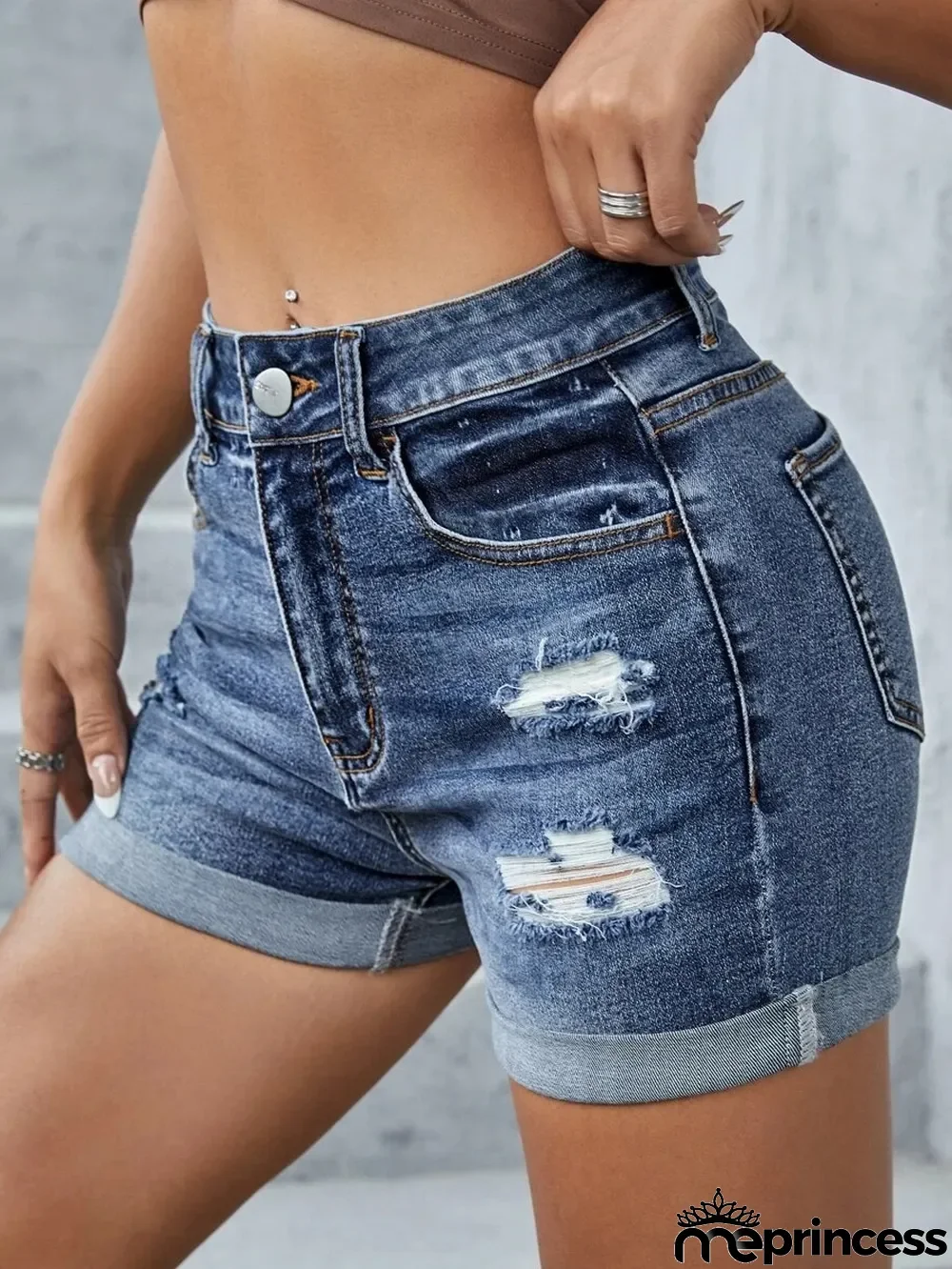 Ladies Stretch Denim Pants Ripped Cuffed Shorts High Waist Denim Pants