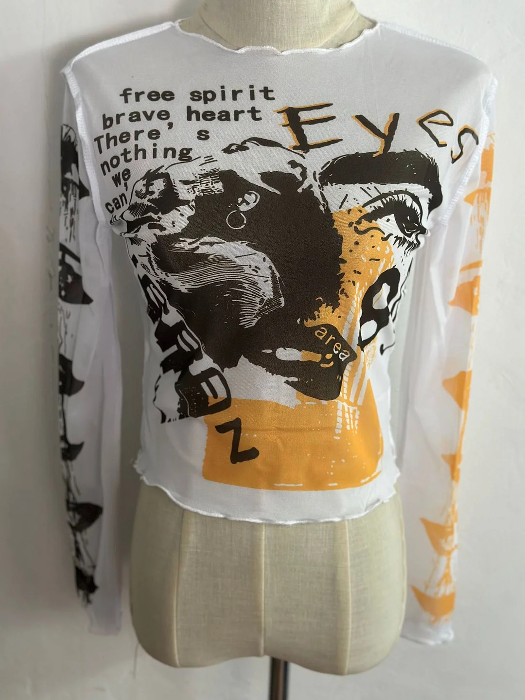 Uveng Spring 2024 New Round Collar Collar Long-Sleeved Mesh Printing Umbilical Casual Women's Top