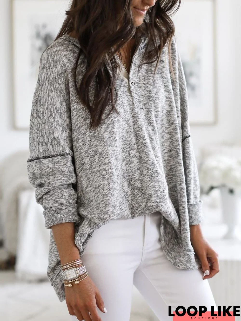 Plus Size Casual V Neck Long Sleeve Tops