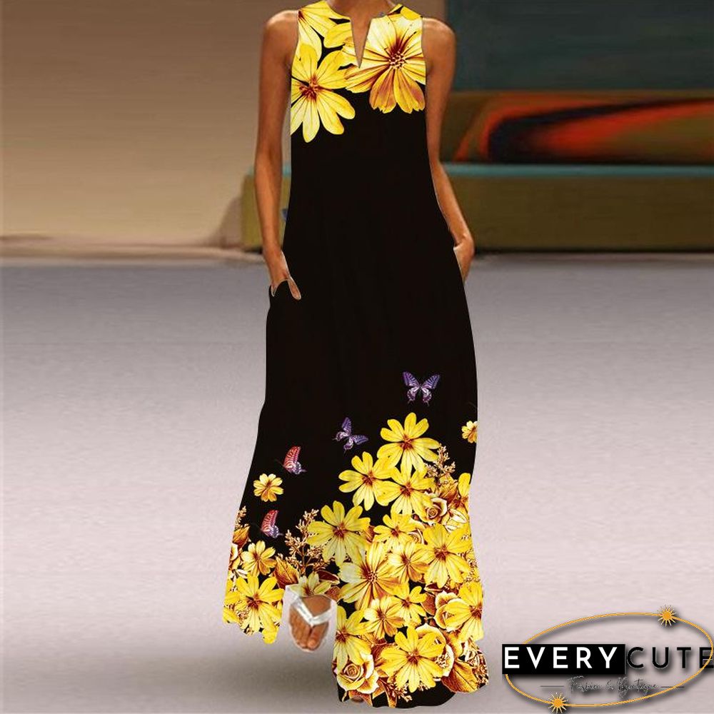 Yellow Flower Women Black Dress