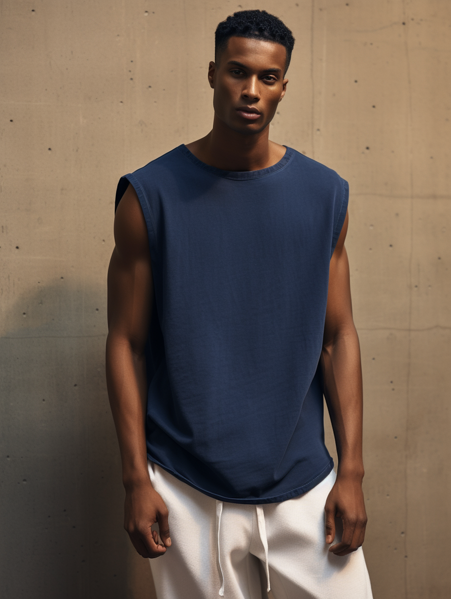 Navy Men Linen Solid Sleeveless T-shirt