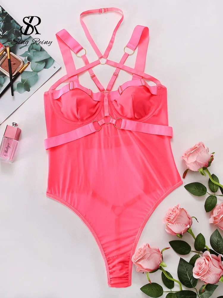 Tanguoant Sexy Hollow Out Playsuits Female Strap Transparent Thin Slim Jumpsuits 2023 Summer Mesh Lace Halter Club Bodysuits