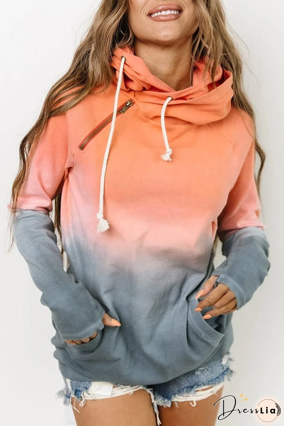 Colorful Ombre Zip-Up Hoodie with Thumbhole Sleeves