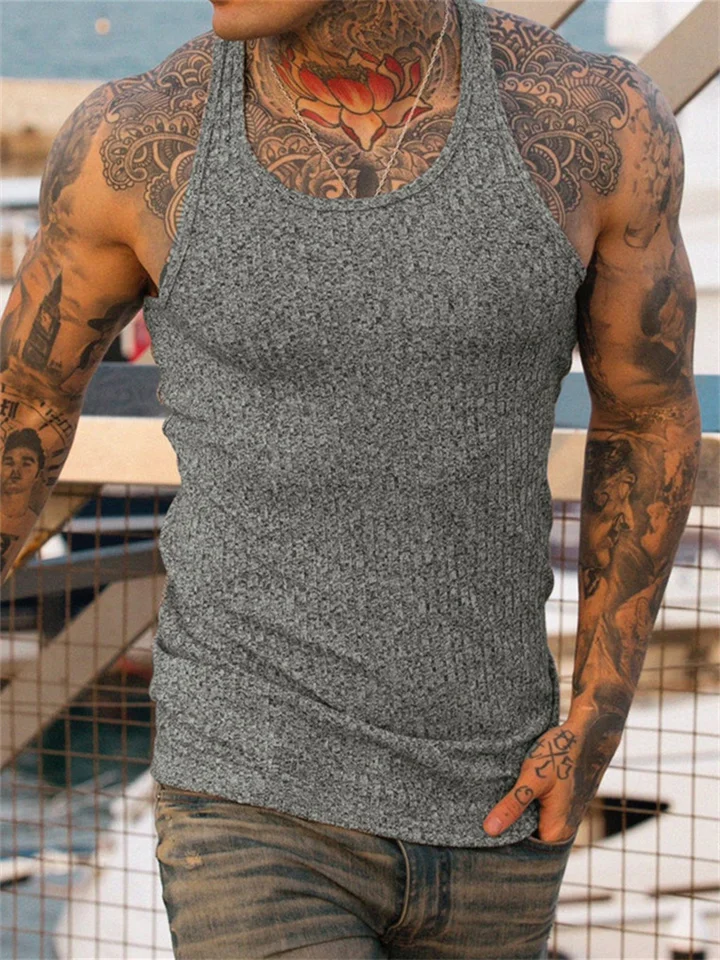 Summer Explosion of Solid Color Knitted Vertical Stripes Fitness Sports Slim Undershirt Men Work Word Undershirt-JRSEE