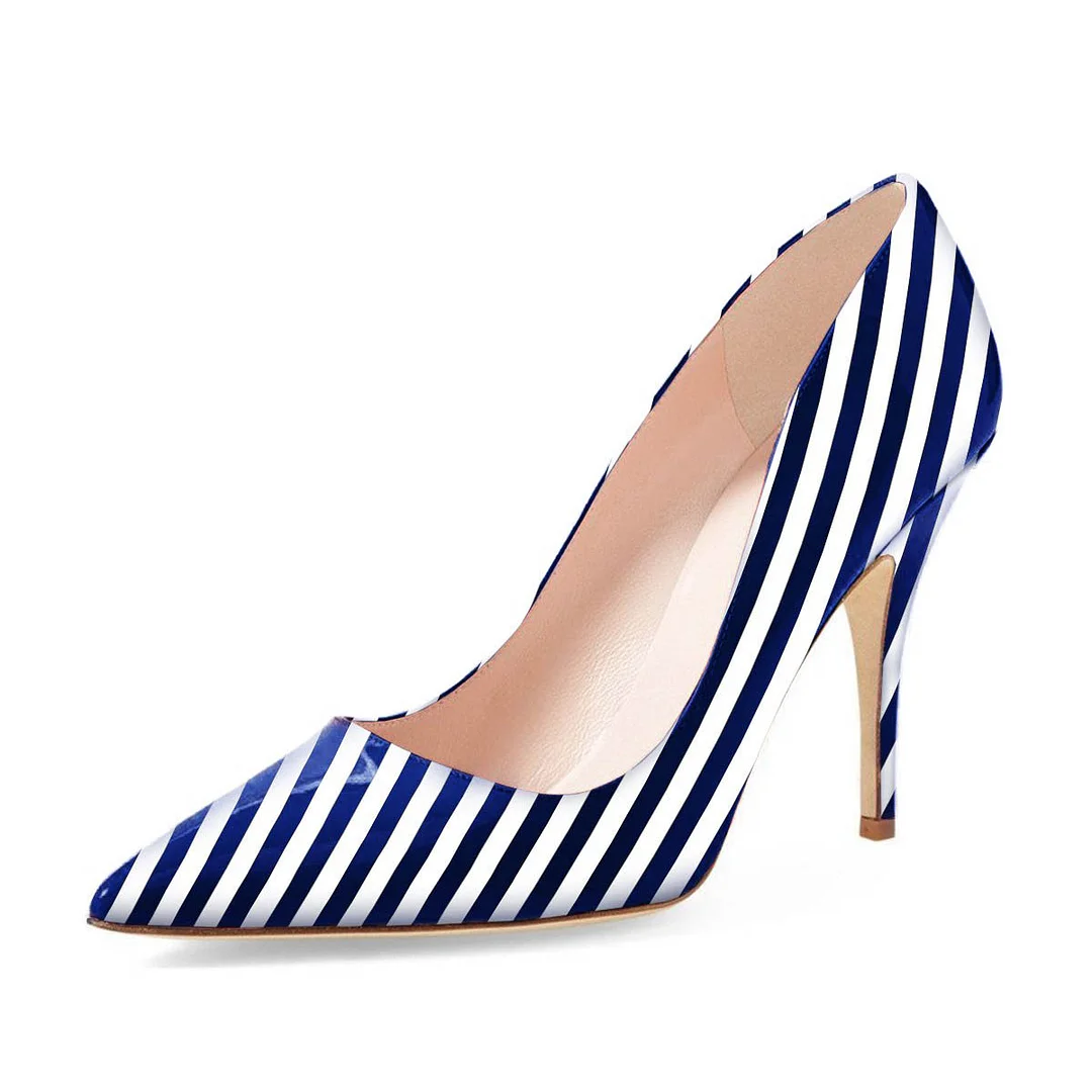 Blue & White Patent Leather Stripes Pointed Toe Pumps Heels