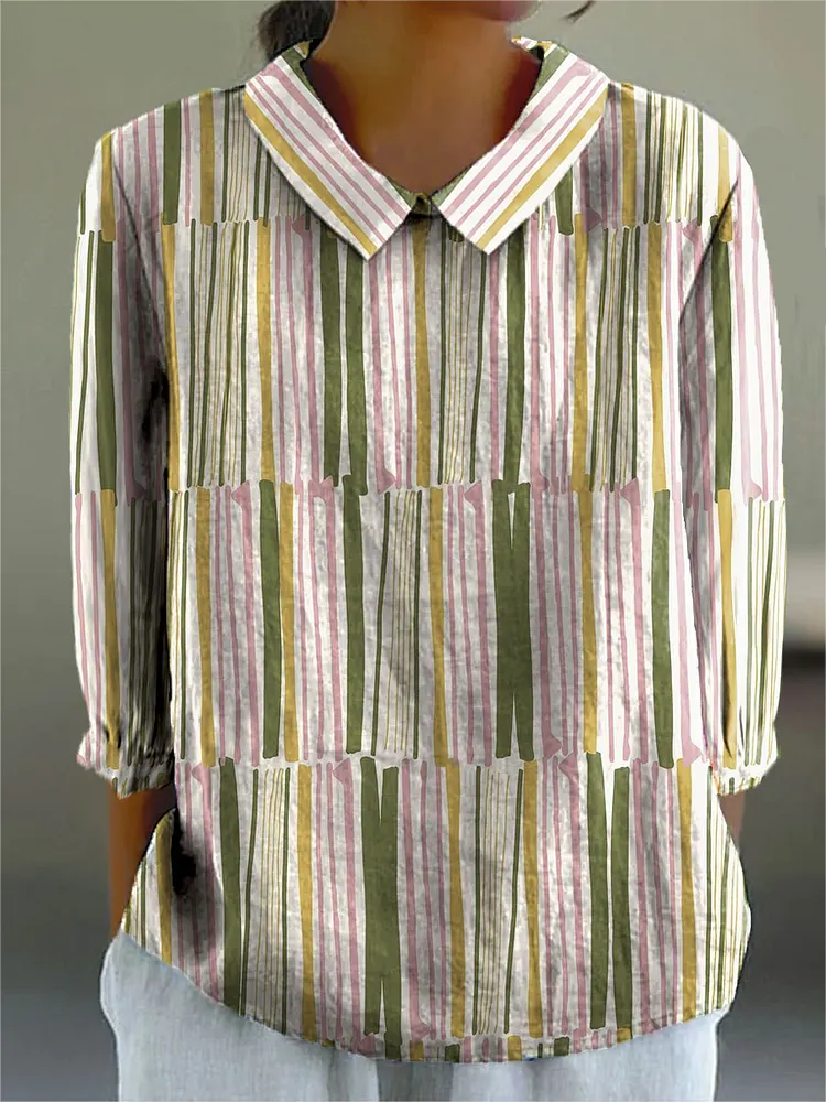 Women's Vintage Colorblock Striped Art Print Casual Cotton And Linen 3/4 Sleeve Shirt
