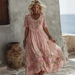 Women's Floral Art Print Flowy Linen Blend Casual Short Sleeve Maxi Dress - Image 2