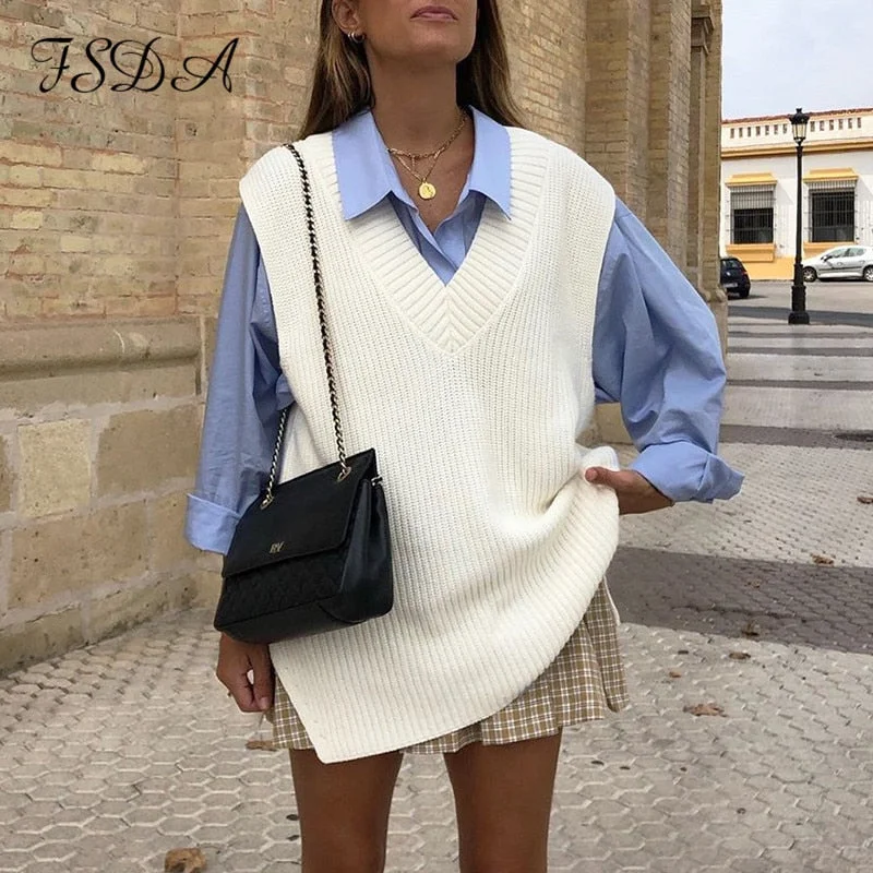 Women V Neck Sleeveless Sweater Vest Knitted 2022 Jumper Autumn Winter Split White Korean Preppy Pullover Loose Top Casual