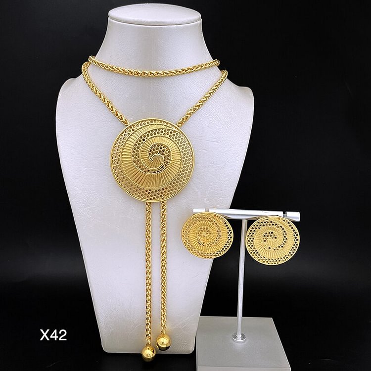 Adjustable Long Necklace Large Round Pendant Earrings Dubai Gold Plated Jewelry For Women