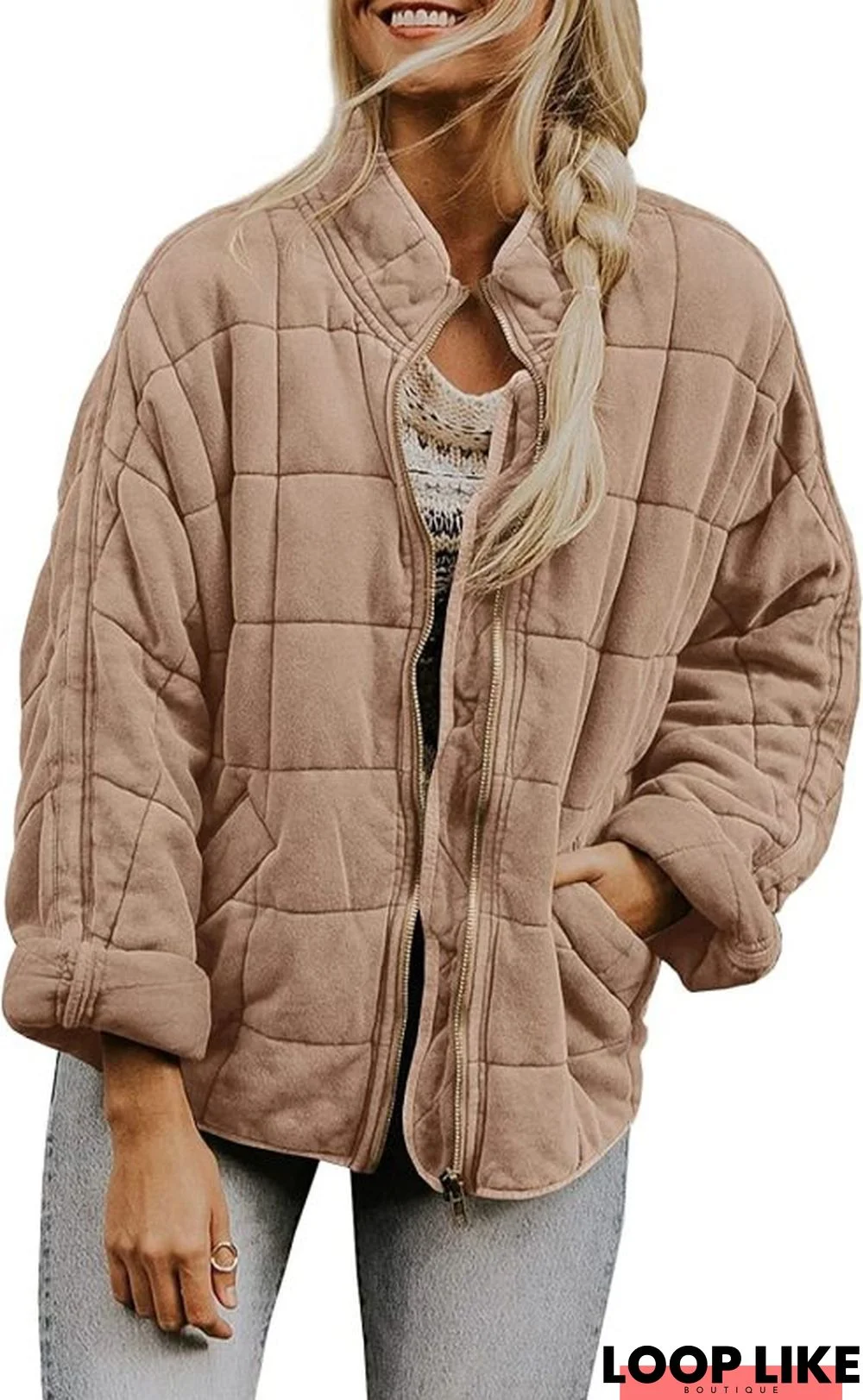 Solid Color Quilted Cotton Jacket with Loose Pockets and Long Sleeves