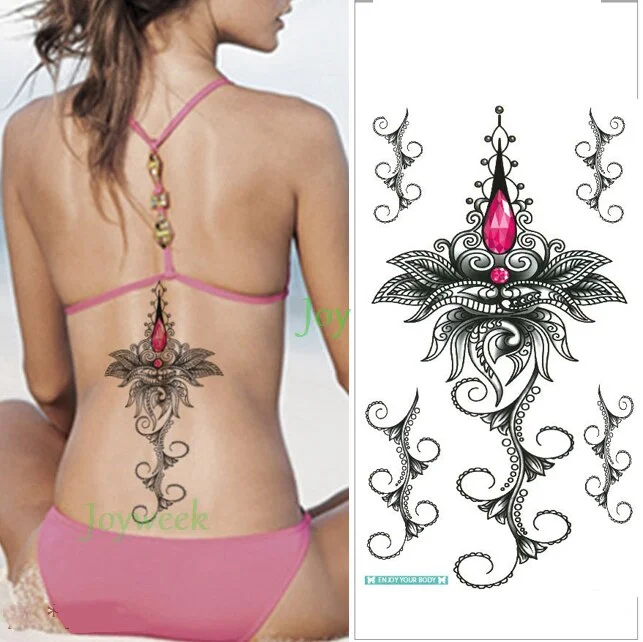 Sdrawing Temporary Tattoo Sticker leaf flower plant black sketch Fake Tatoo Breast Chest Back Belly Flash Tatto For Women Girl