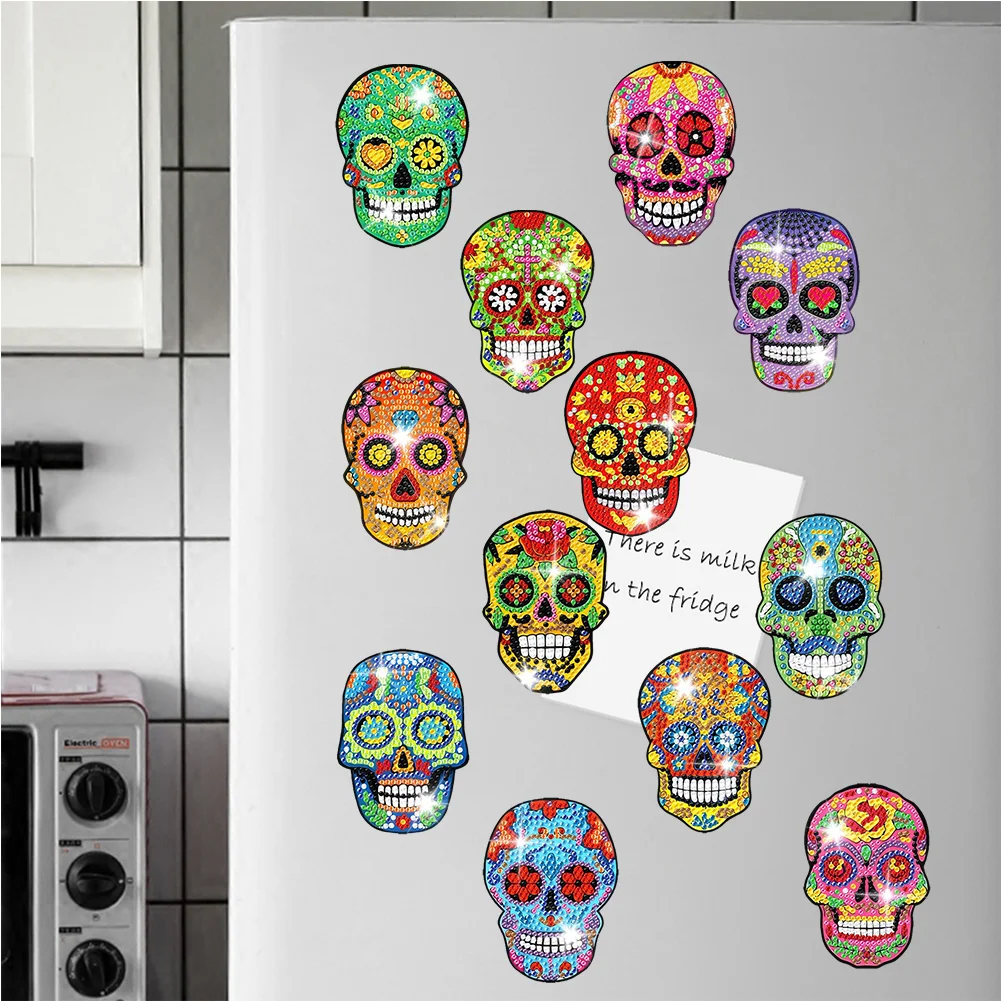 12pcs DIY Skull Diamond Painting Magnets Refrigerator for Adult Kid Fridge Car