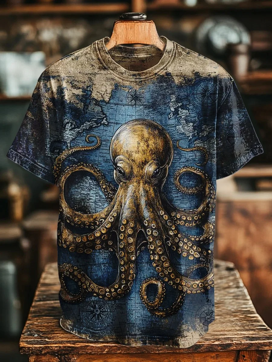 Eagerlys Retro Nautical Octopus Art Print T-shirt Eagerlys