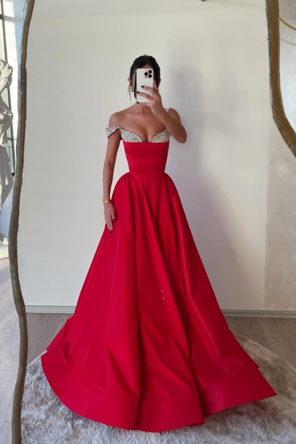 Lvs&Broner Off the Shoulder Sleeveless Long Prom Dress With Beading Pleated 