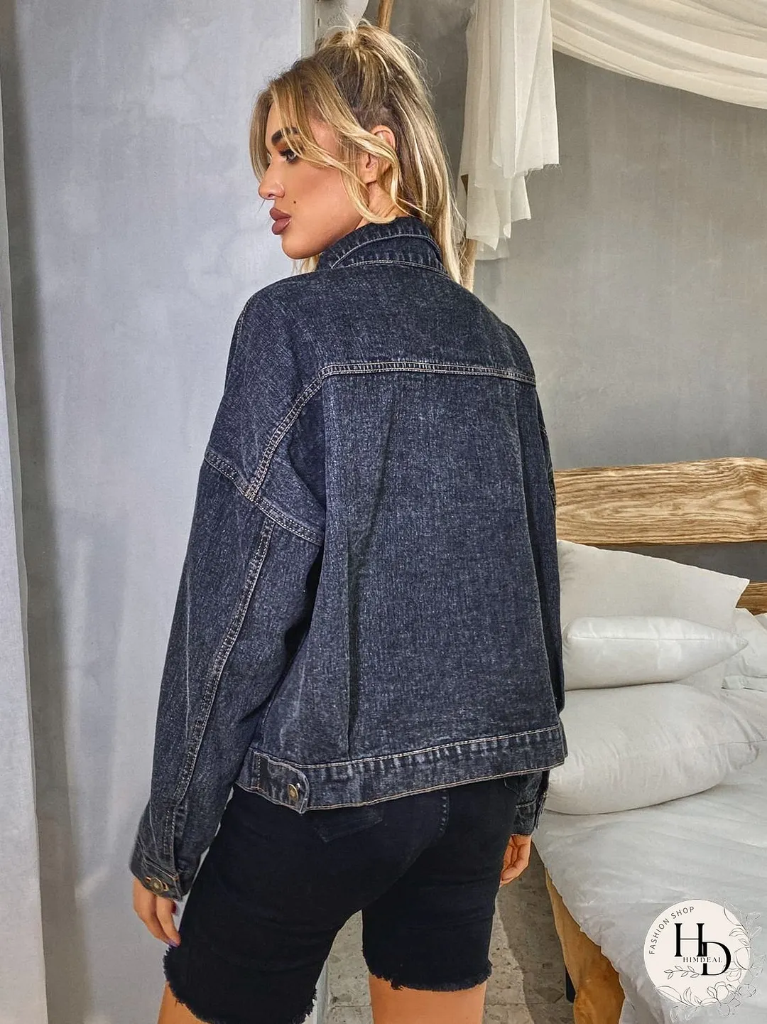 Collared Neck Dropped Shoulder Denim Jacket