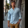 Men's Vintage Cotton and Linen Solid Color Mid-collar Long-sleeved Shirt