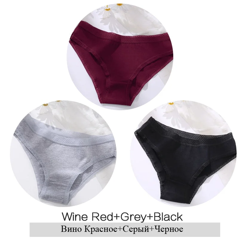 FINETOO Women Cotton Panties Sexy Lace Briefs 3Pcs/set Ladies Low Waist Underpants Comfortable Girls Underwear M-2XL Lingerie