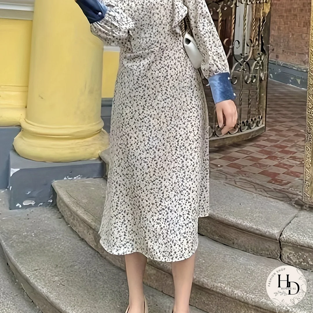 Contrast Trim Allover Print Dress, Elegant Long Sleeve Dress For Spring & Fall, Women's Clothing