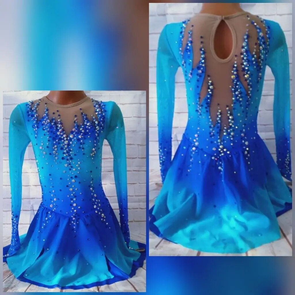 Ice Figure Skating Dress Girls Blue Mesh Long-sleeved Competition Performance Training Clothes Children Adults