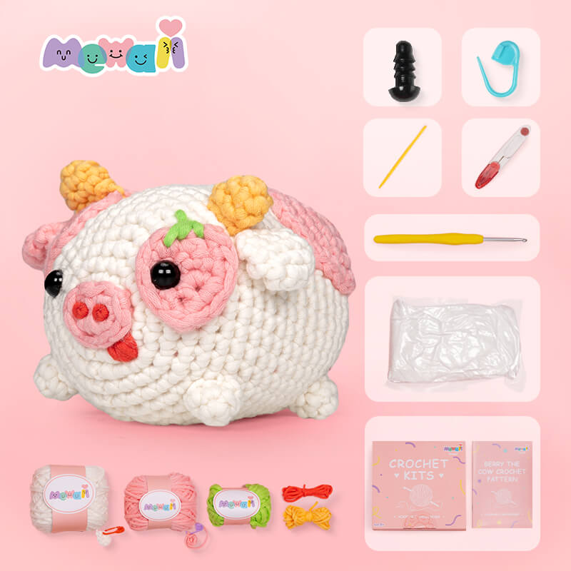 Mewaii® Crochet Strawberry Cow with Sample Plush Crochet Kit for Beginners  with Easy Peasy Yarn