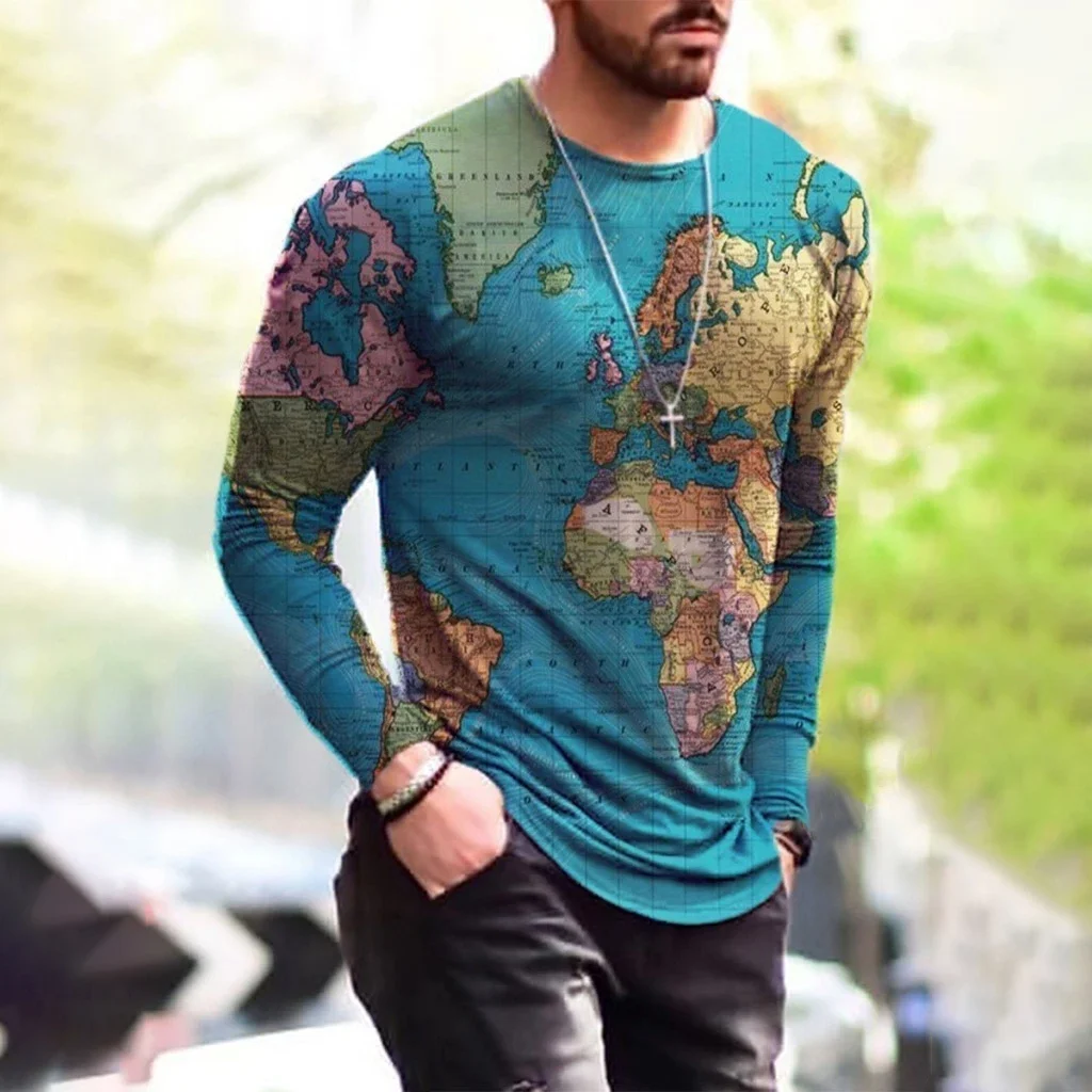 Mens Fashion Contrast Color Map Print T-shirt / [viawink] /