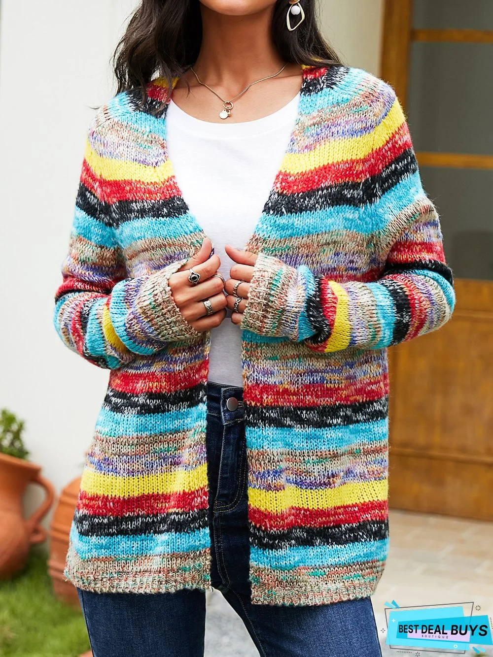 Plus size Long Sleeve Casual Striped Sweater coat