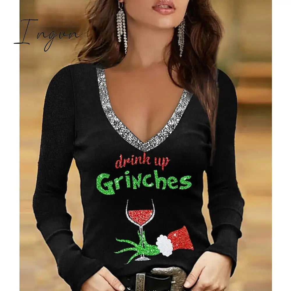 Ingvn - Women’s T Shirt Tee Green Wine Fuchsia Christmas Tree Sparkly Print Long Sleeve Weekend