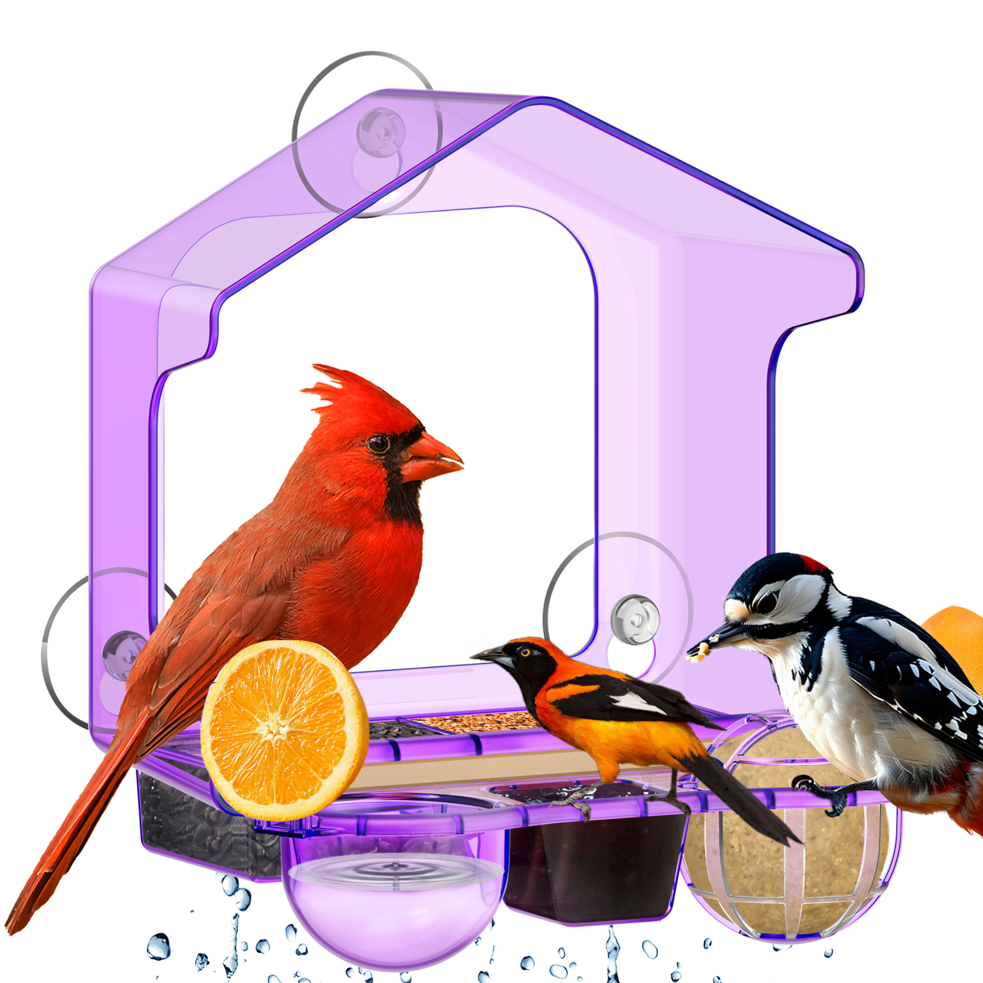 LUJII 6-in-1 Window Bird Feeder with Strongest Suction Cups, All-in-one Feeder for Bird Seed, Suet Ball, Mealworm, Oriole Orange Fruit, Jam or Water, Easy to Clean with 2 Removable Trays, Purple