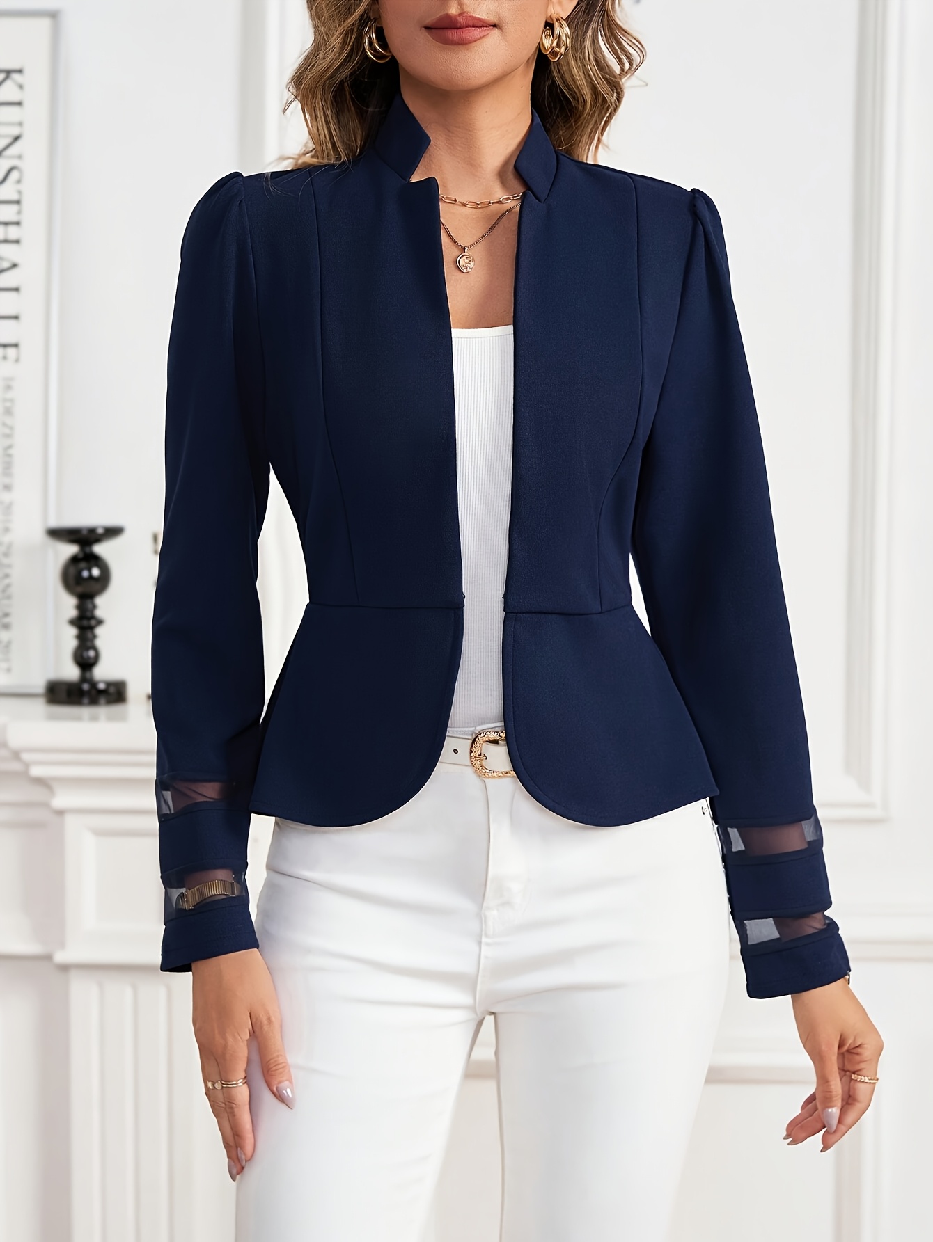 Women's Elegant Fashion Jacket - Navy Blue Stand Collar With Sheer Sleeves, Perfect For Spring/Summer, Stylish And Versatile, Summer Fashion | Sleek Jacket | Sleek Trimmed Sleeves, Ladies Jacket | IFYHOME