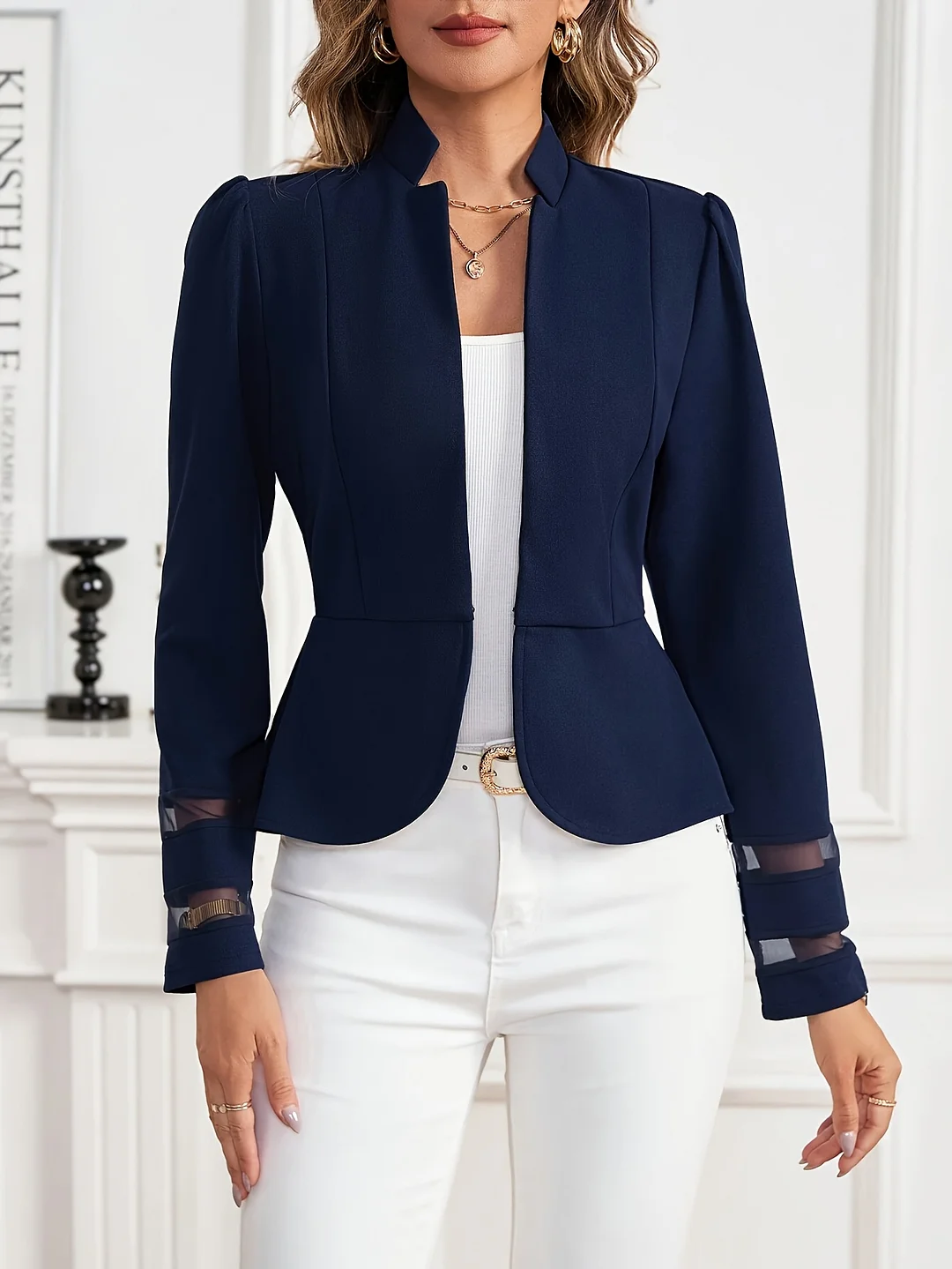 Women's Elegant Fashion Jacket - Navy Blue Stand Collar With Sheer Sleeves, Perfect For Spring/Summer, Stylish And Versatile, Summer Fashion | Sleek Jacket | Sleek Trimmed Sleeves, Ladies Jacket | IFYHOME