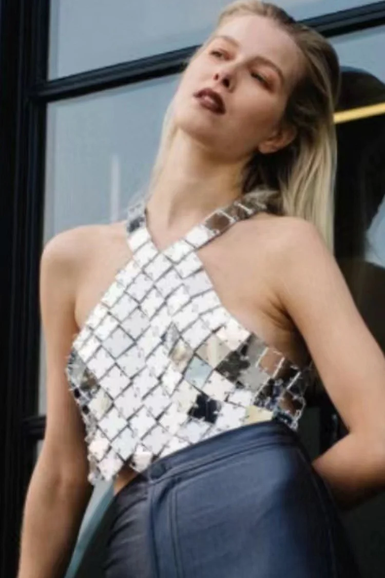 Halter Collar Backless Acrylic Tank Top - Silver