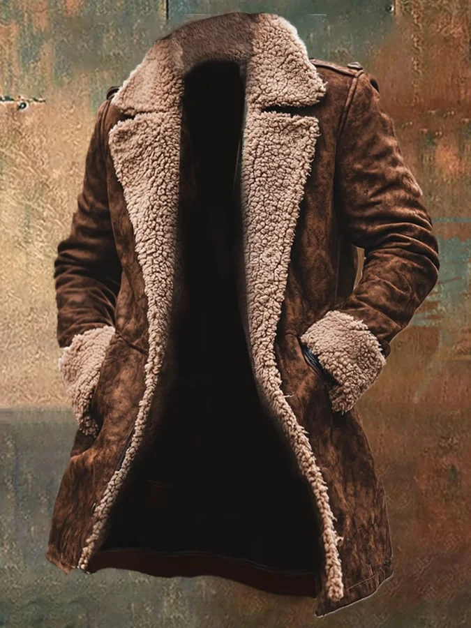 Men's Retro Western Suede Spliced ​​Wool Fleece Mid-Length Outdoor Coat